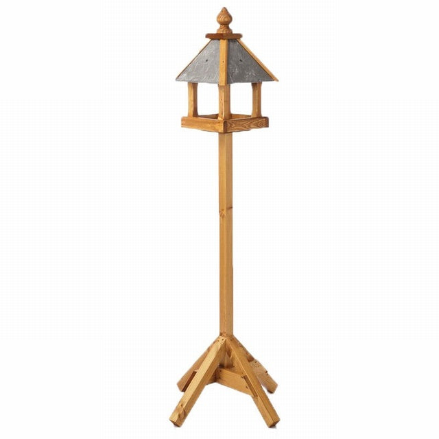 Baby Bedale wooden bird table on single post with pitched roof and tray, rustic garden bird feeder