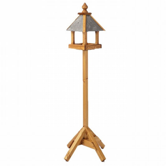 Baby Bedale wooden bird table on single post with pitched roof and tray, rustic garden bird feeder
