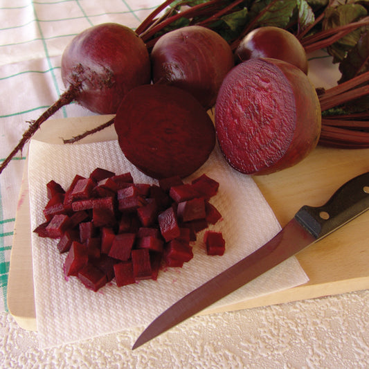 Bona beetroot with deep red round roots and bright green tops, ready for harvesting