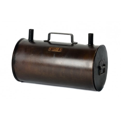 cylindrical metal charcoal maker kiln with lid and vents for producing BBQ charcoal outdoors