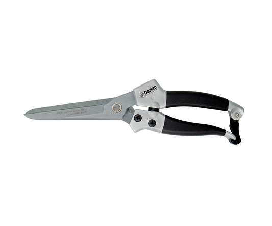 Compact pruning shear with short stainless steel blades and red rubber grip handle for precise pruning