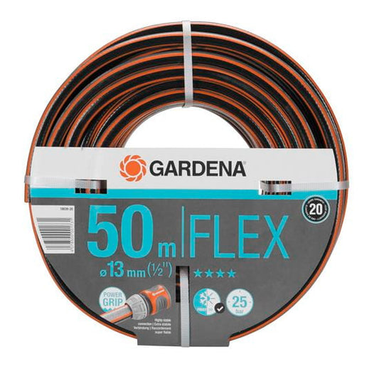 50m expanding garden hose in green with brass connectors and adjustable spray nozzle