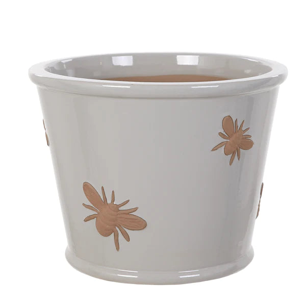 Grey ceramic plant pot with embossed bee motif, decorative planter for indoor or outdoor use