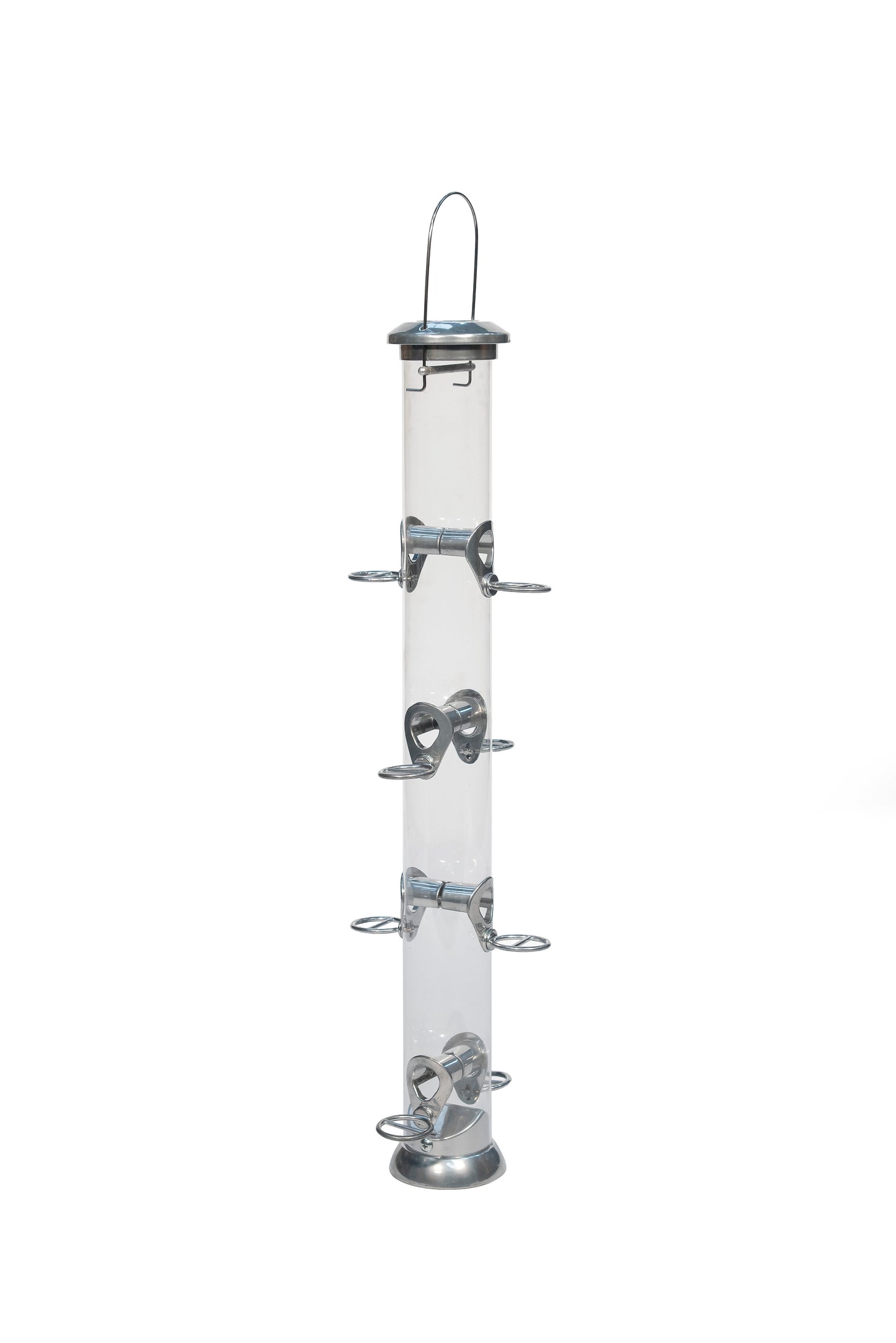 Sterling metal bird seed feeder with clear tube and hanging hook for garden wild birds