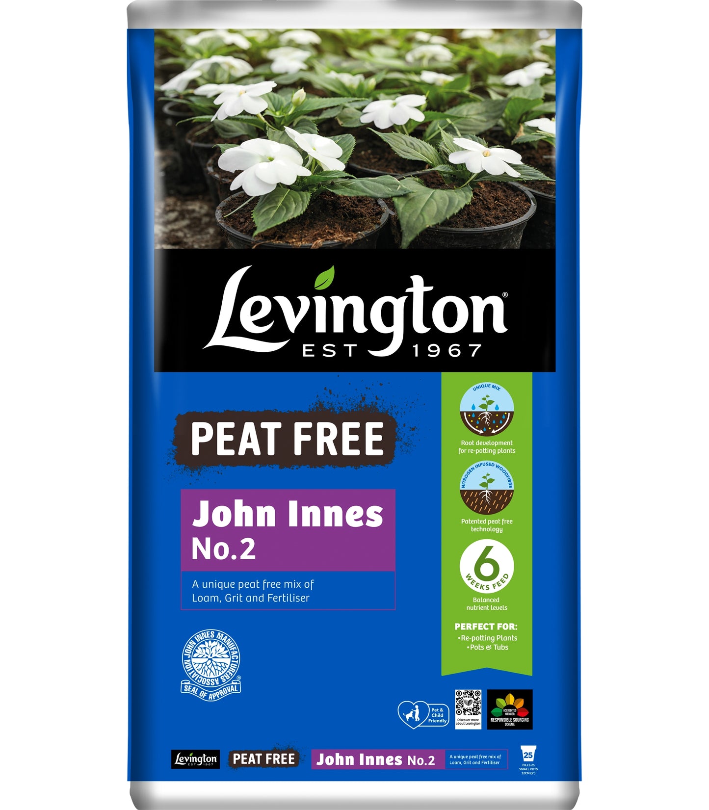 Bag of John Innes No.3 compost with product label, multi-purpose potting compost for established plants