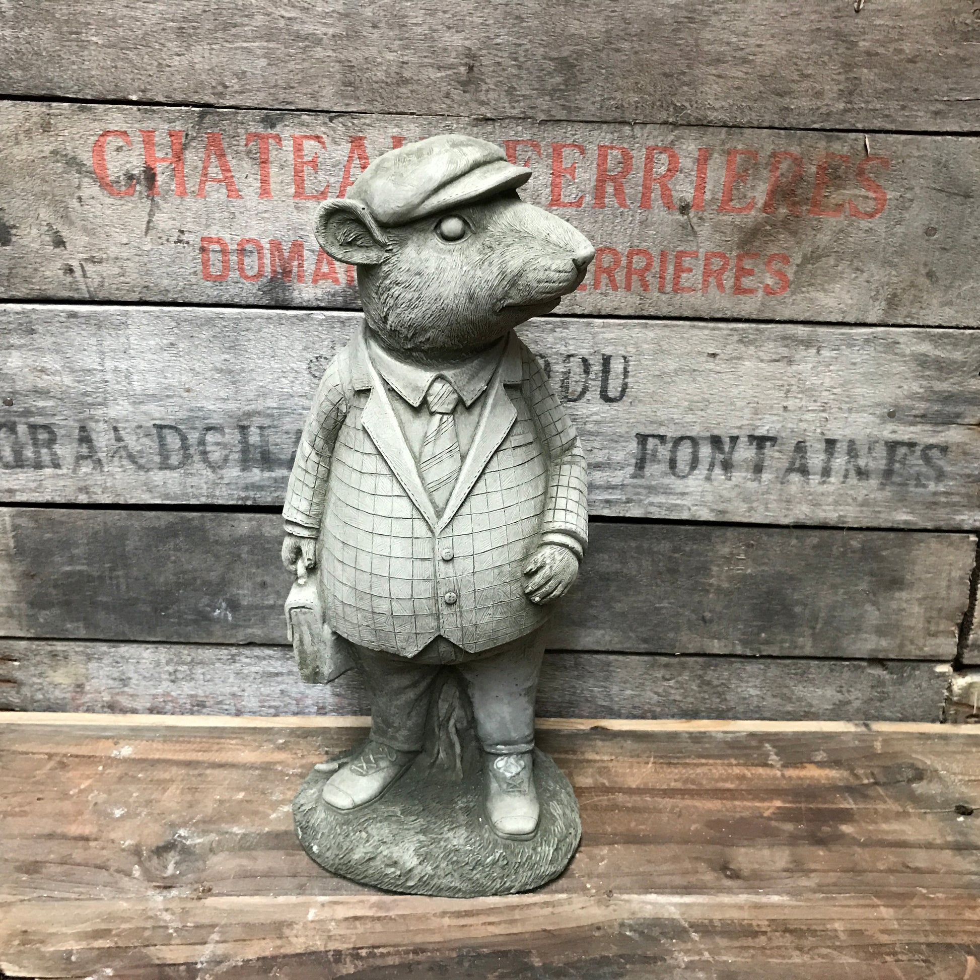 Mr Mouse decorative garden ornament metal mouse sculpture with rustic finish, placed on gravel at Pengelly Garden Centre