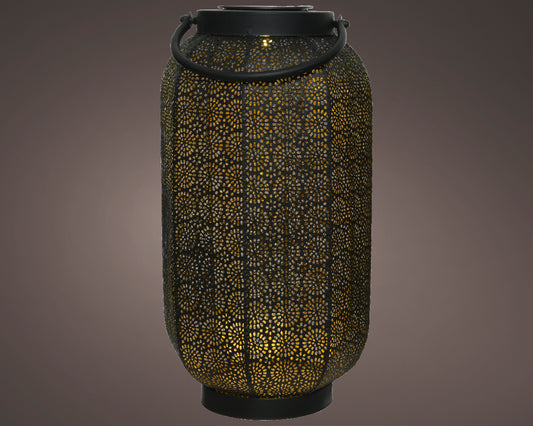 Oblong metal garden lantern with glass panels and top handle, suitable for outdoor candles or LED lights