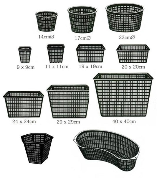 Pair of black pond planting baskets with marginal aquatic plants and gravel for pond planting