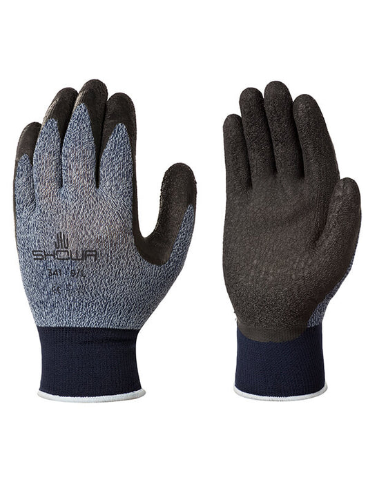 Pair of Showa lightweight coated gardening gloves, black and lime green, displayed on white background