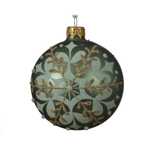 decorative silver glitter Christmas bauble with white snowflake design and hanging loop