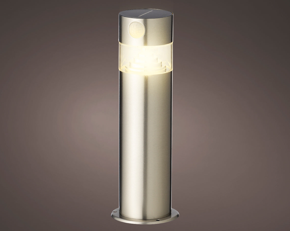 Solar-powered garden stake light with stainless steel finish and warm LED, ideal for paths, patios and borders
