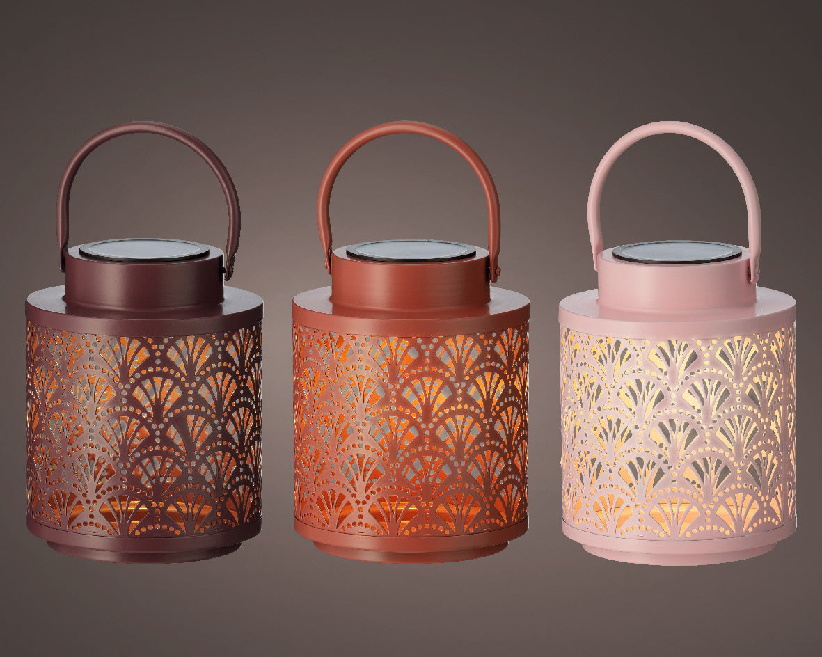 Rustic metal solar garden light on stake with warm LED, decorative outdoor solar lantern for borders and patios