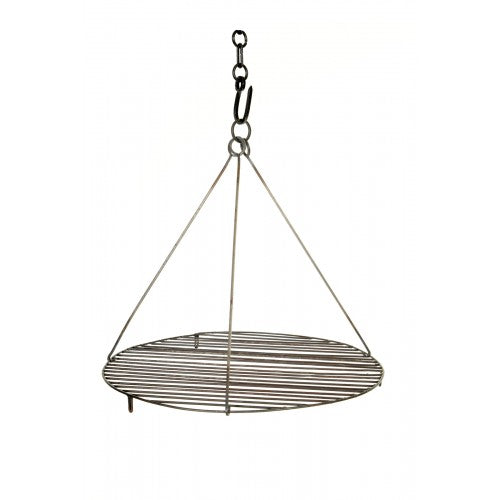 cast iron swing grill barbecue with adjustable hanging grate over fire pit on tripod stand