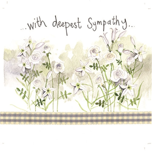 Six-stem sympathy bouquet of mixed white and pastel blooms with greenery, hand-tied funeral flowers