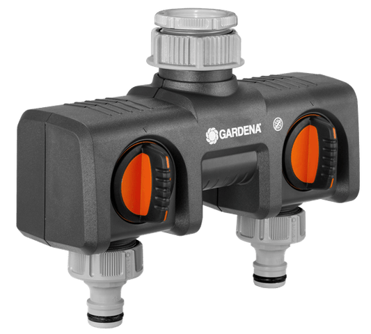 Two-way garden tap connector hose splitter with two hose outlets and individual control valves