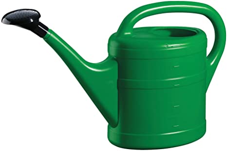 Person using green watering can to water potted plants and hanging baskets at Pengelly Garden Centre
