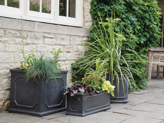 Woodlodge Chelsea wooden slatted garden planters, natural timber finish, raised planter boxes for patio or decking